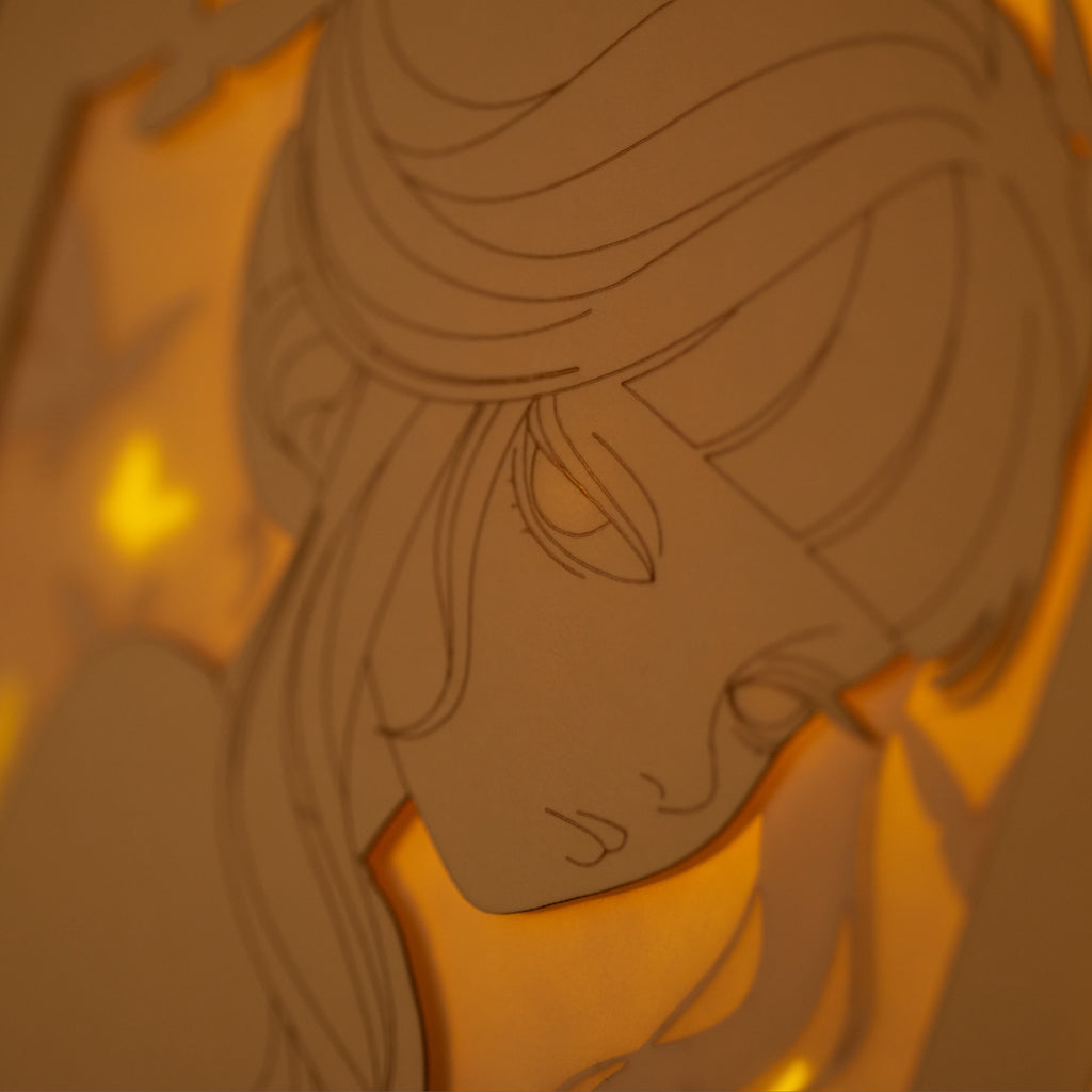 Minimalist anime girl with bun hairstyle halo and butterflies