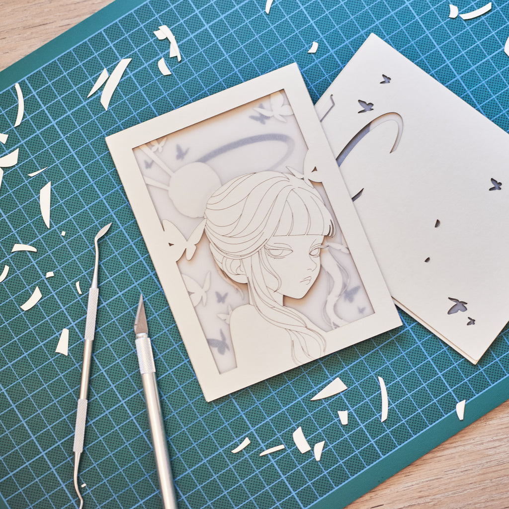 Minimalist anime girl with bun hairstyle halo and butterflies