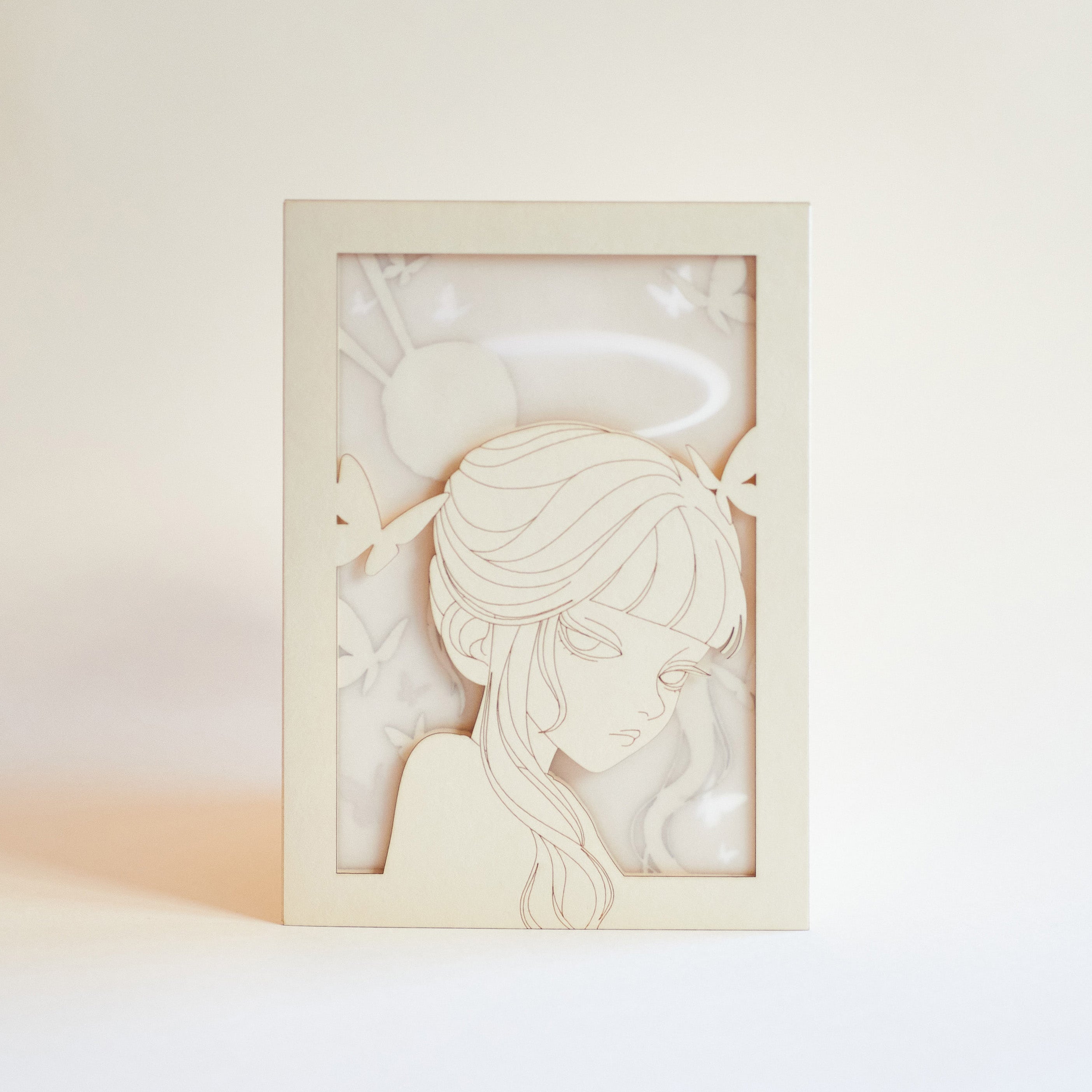 Minimalist anime girl with bun hairstyle halo and butterflies