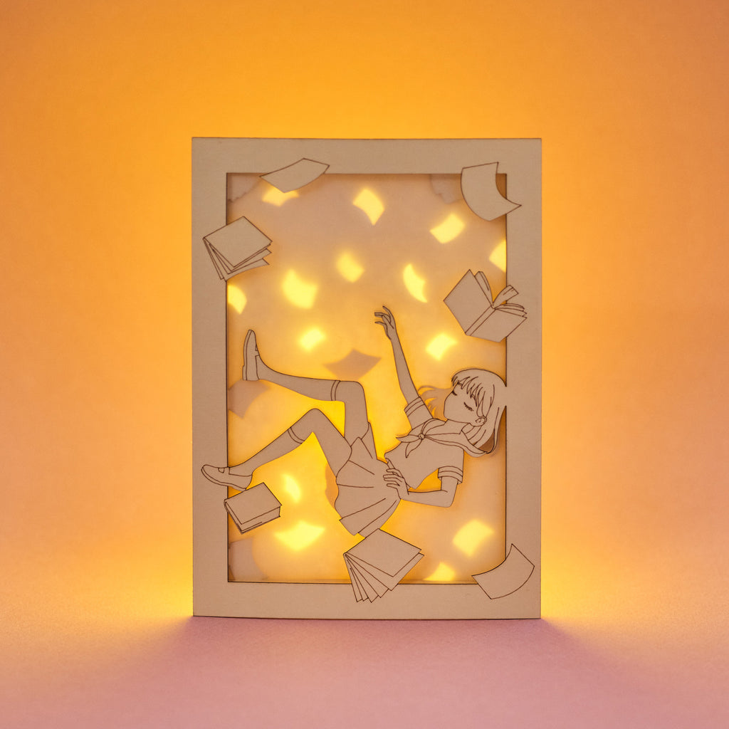 Anime schoolgirl falling amid books and textbooks