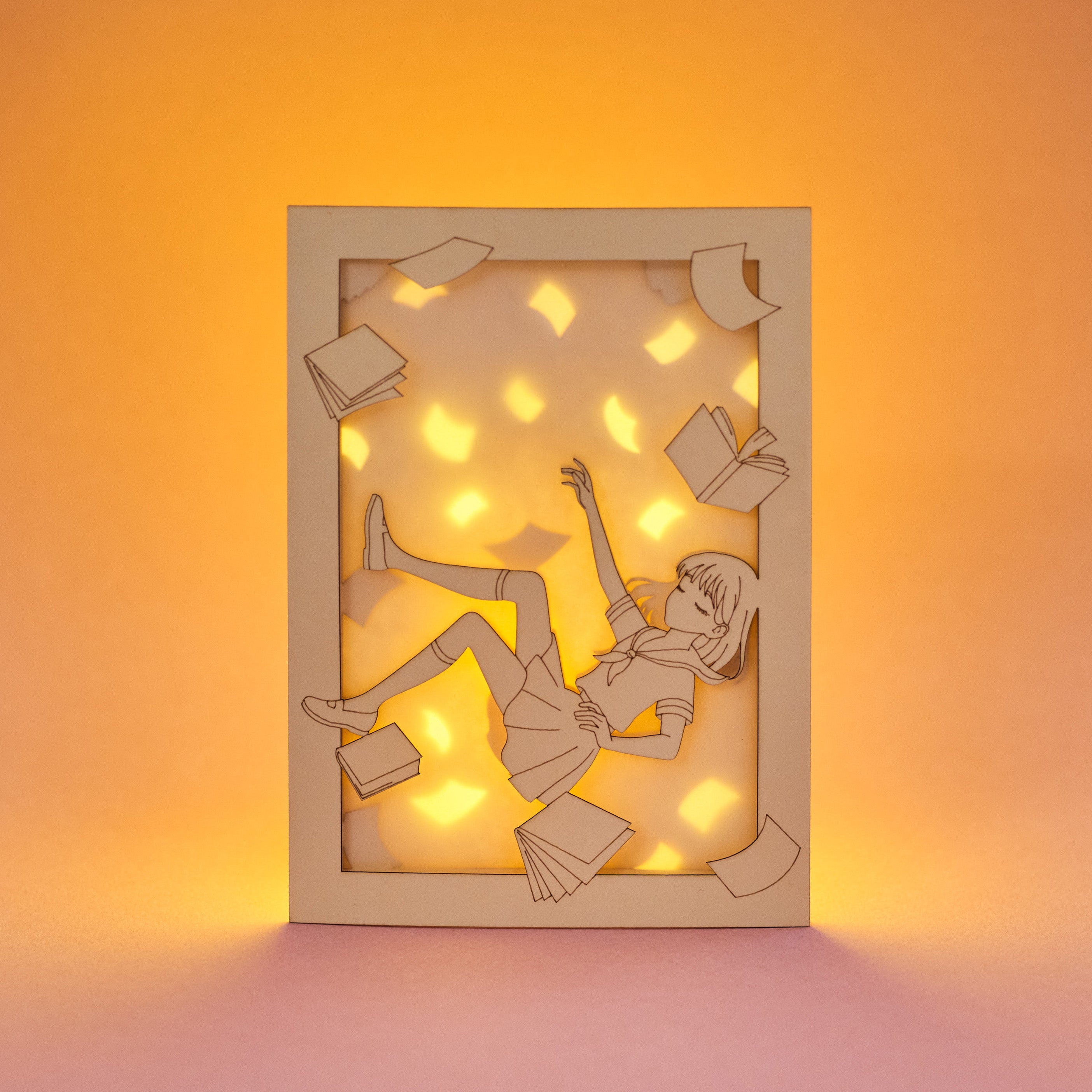 Anime schoolgirl falling amid books and textbooks