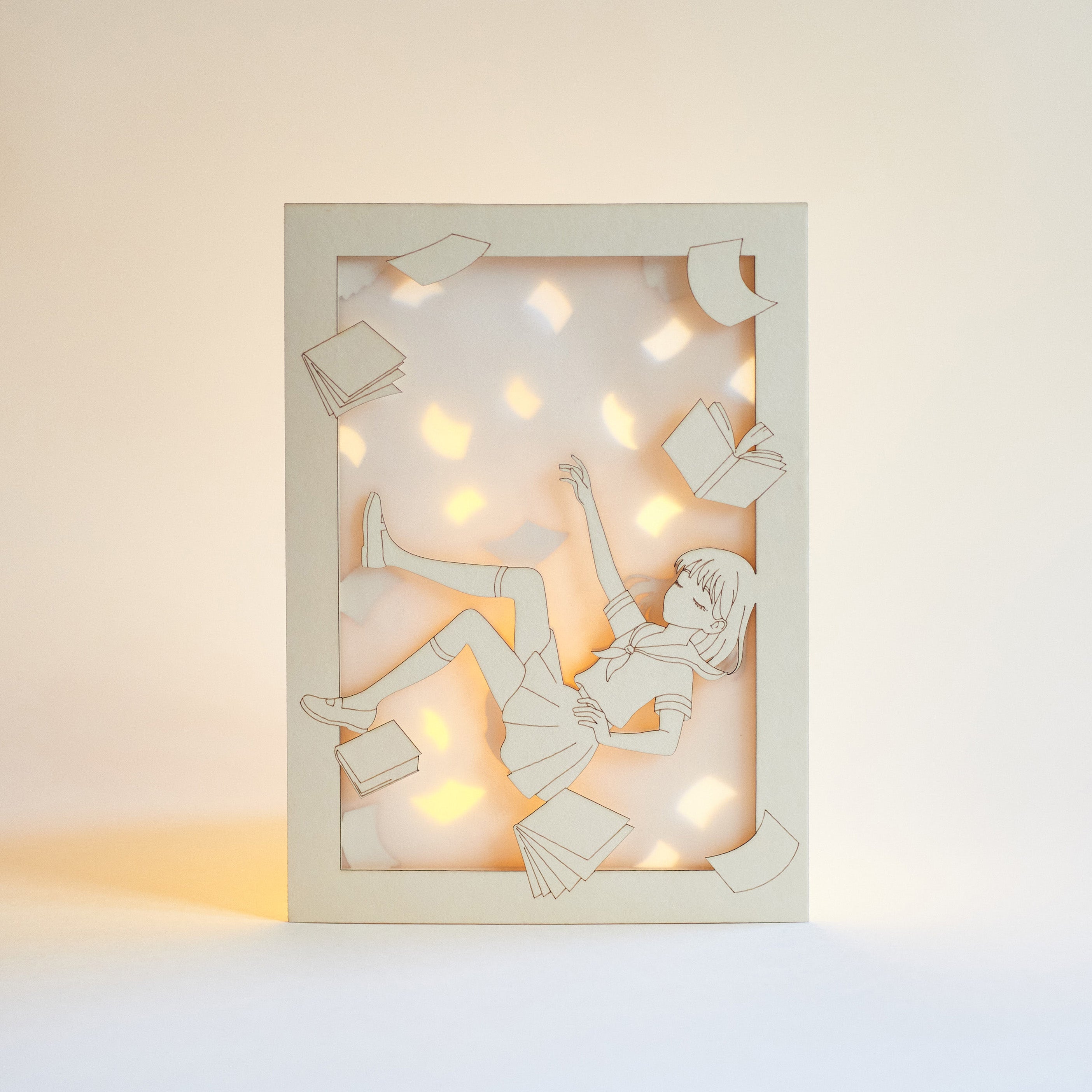 Anime schoolgirl falling amid books and textbooks