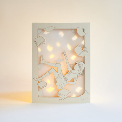 Anime schoolgirl falling amid books and textbooks