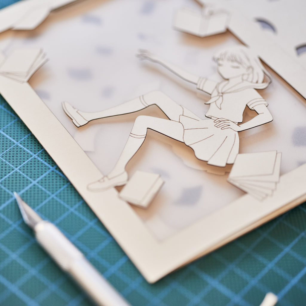 Anime schoolgirl falling amid books and textbooks