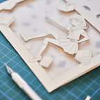 Anime schoolgirl falling amid books and textbooks