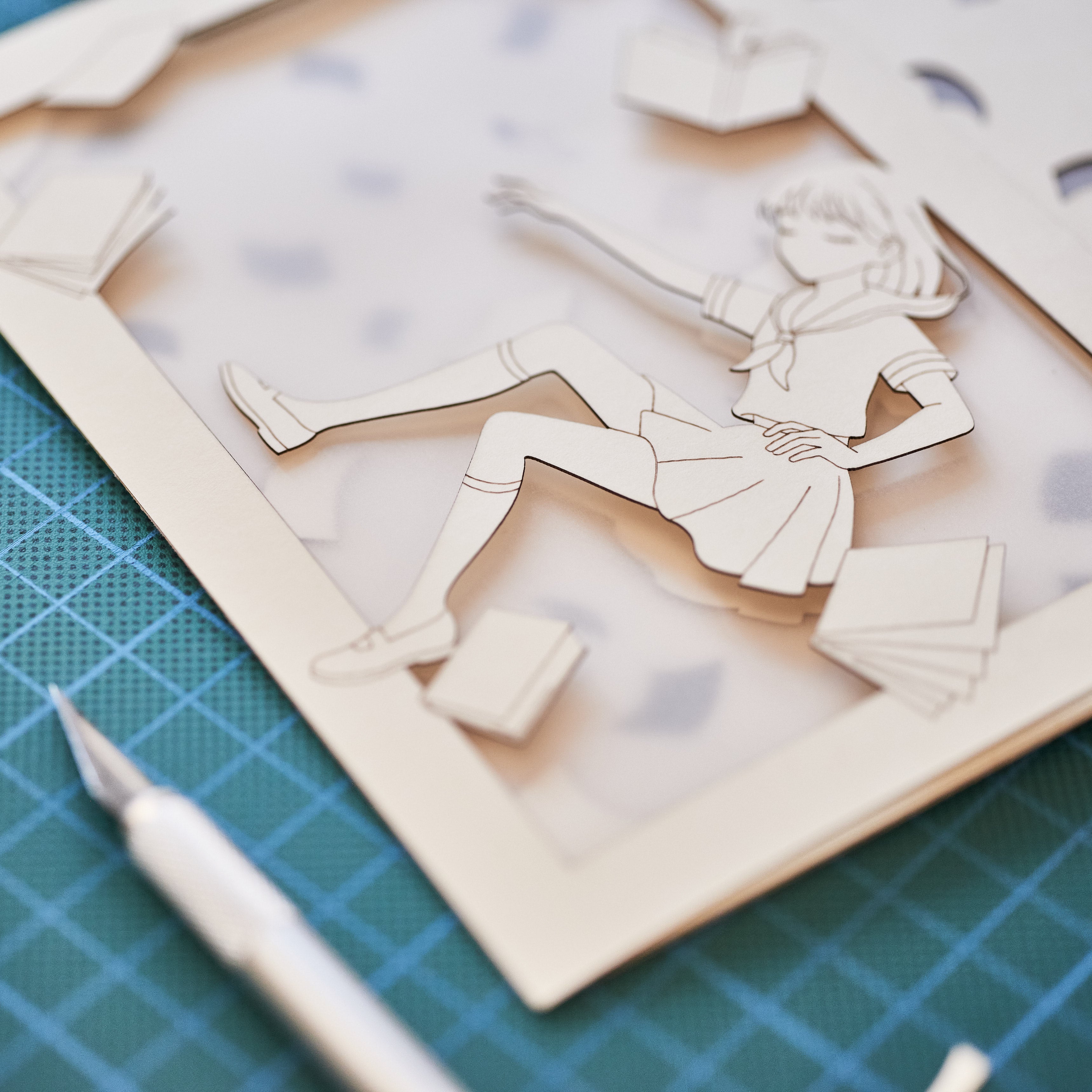 Anime schoolgirl falling amid books and textbooks