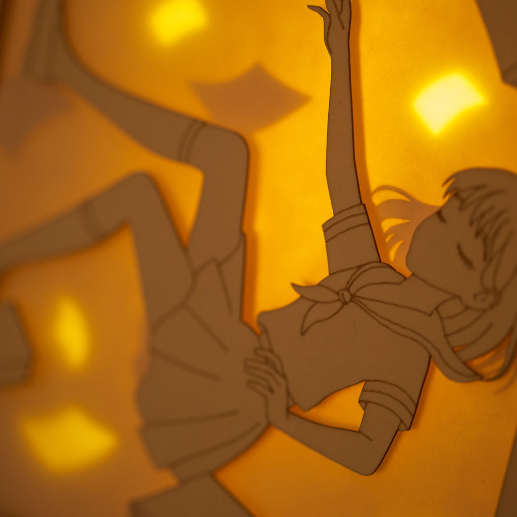 Anime schoolgirl falling amid books and textbooks