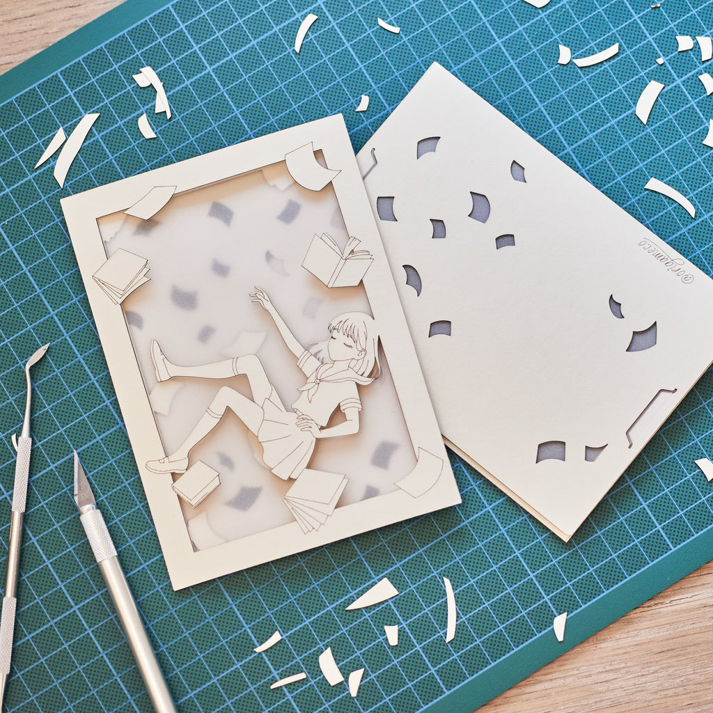 Anime schoolgirl falling amid books and textbooks