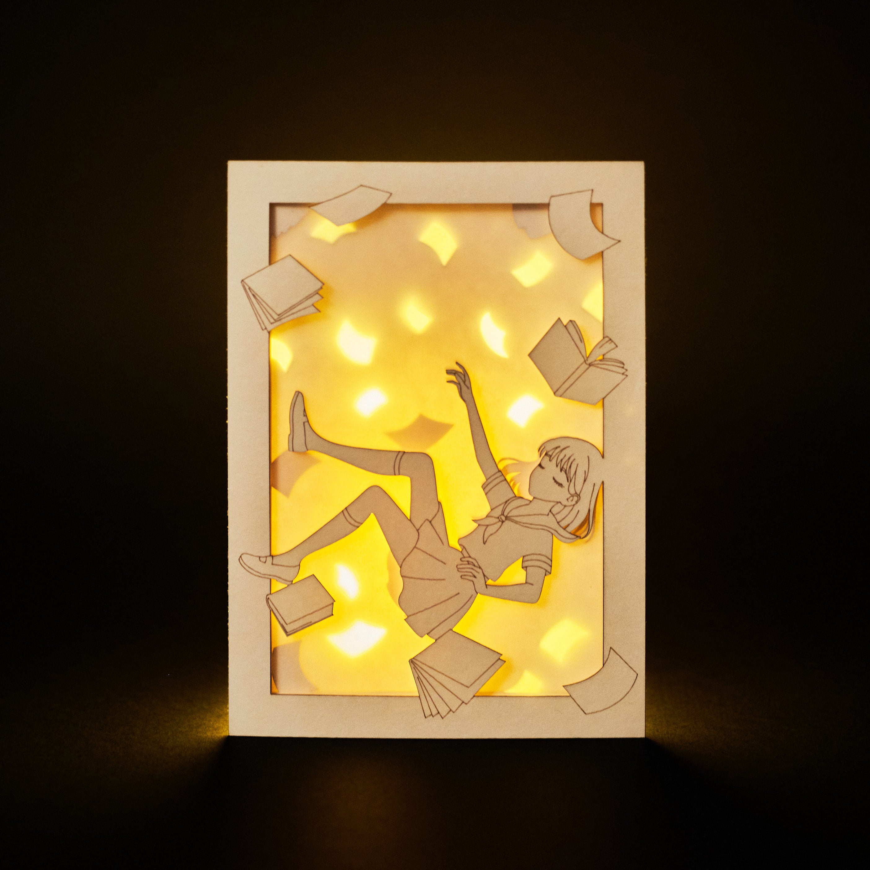 Anime schoolgirl falling amid books and textbooks