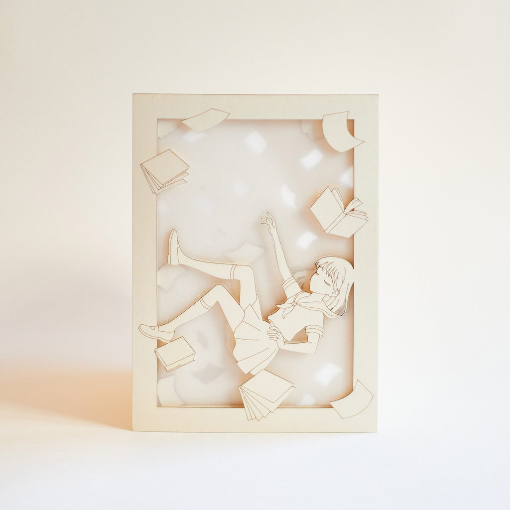 Anime schoolgirl falling amid books and textbooks