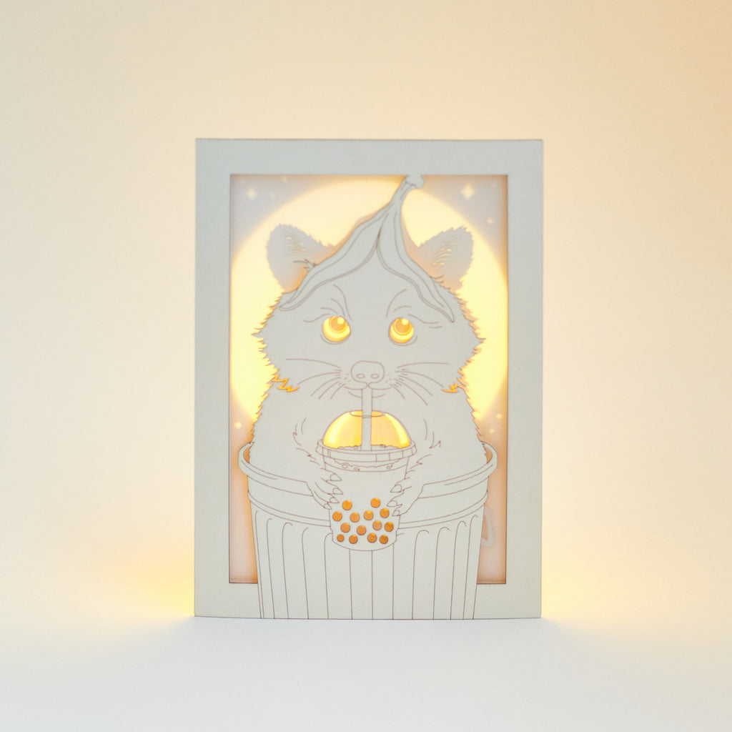 Funny Raccoon Card: Trash Panda with Bubble Tea and Banana Peel