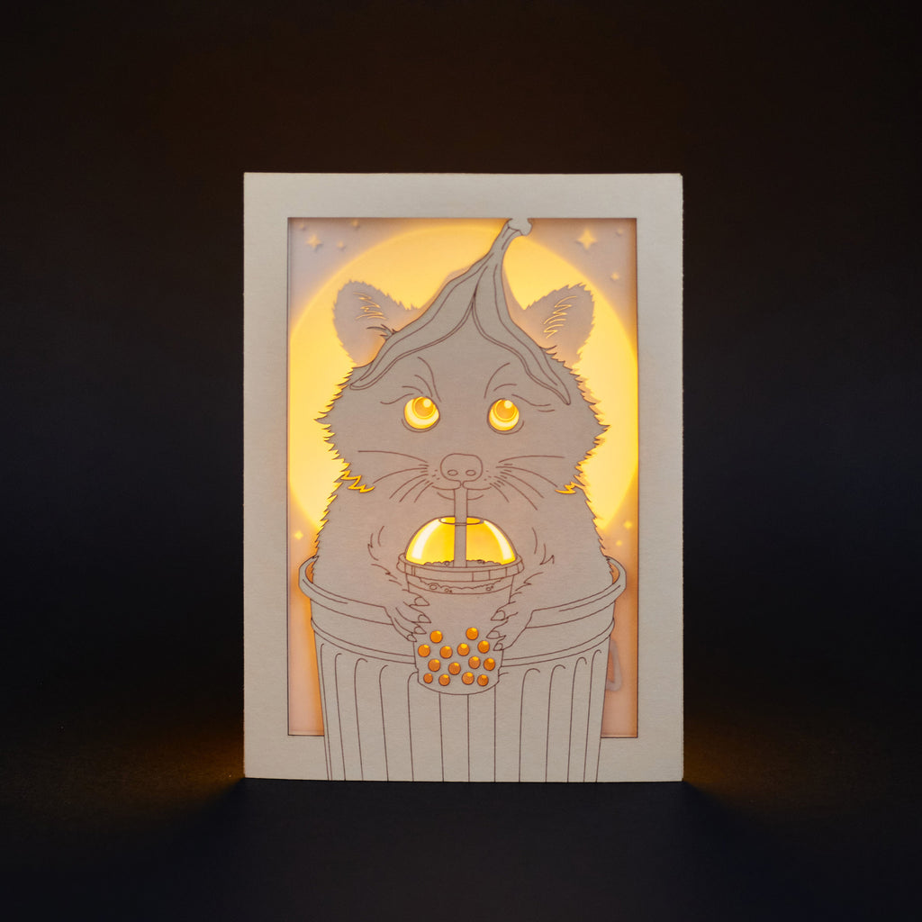 Funny Raccoon Card: Trash Panda with Bubble Tea and Banana Peel