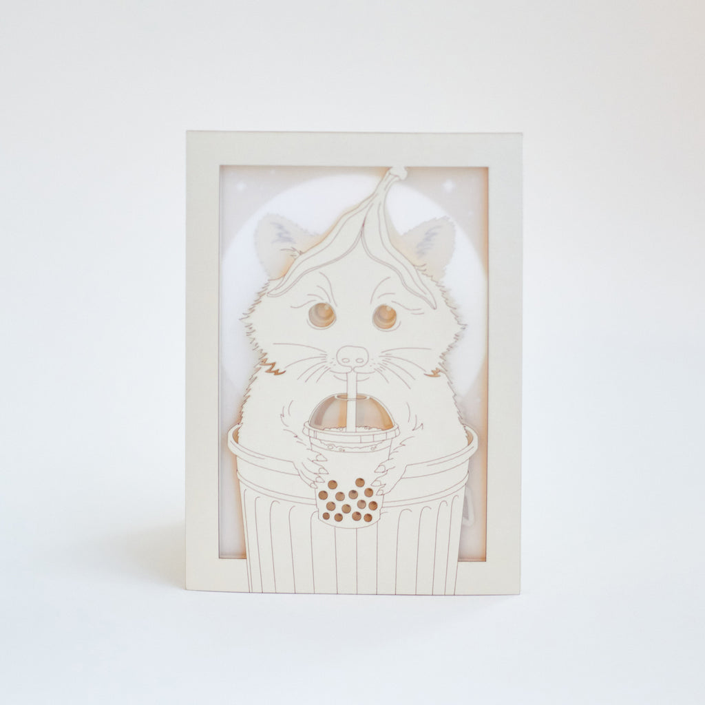 Funny Raccoon Card: Trash Panda with Bubble Tea and Banana Peel