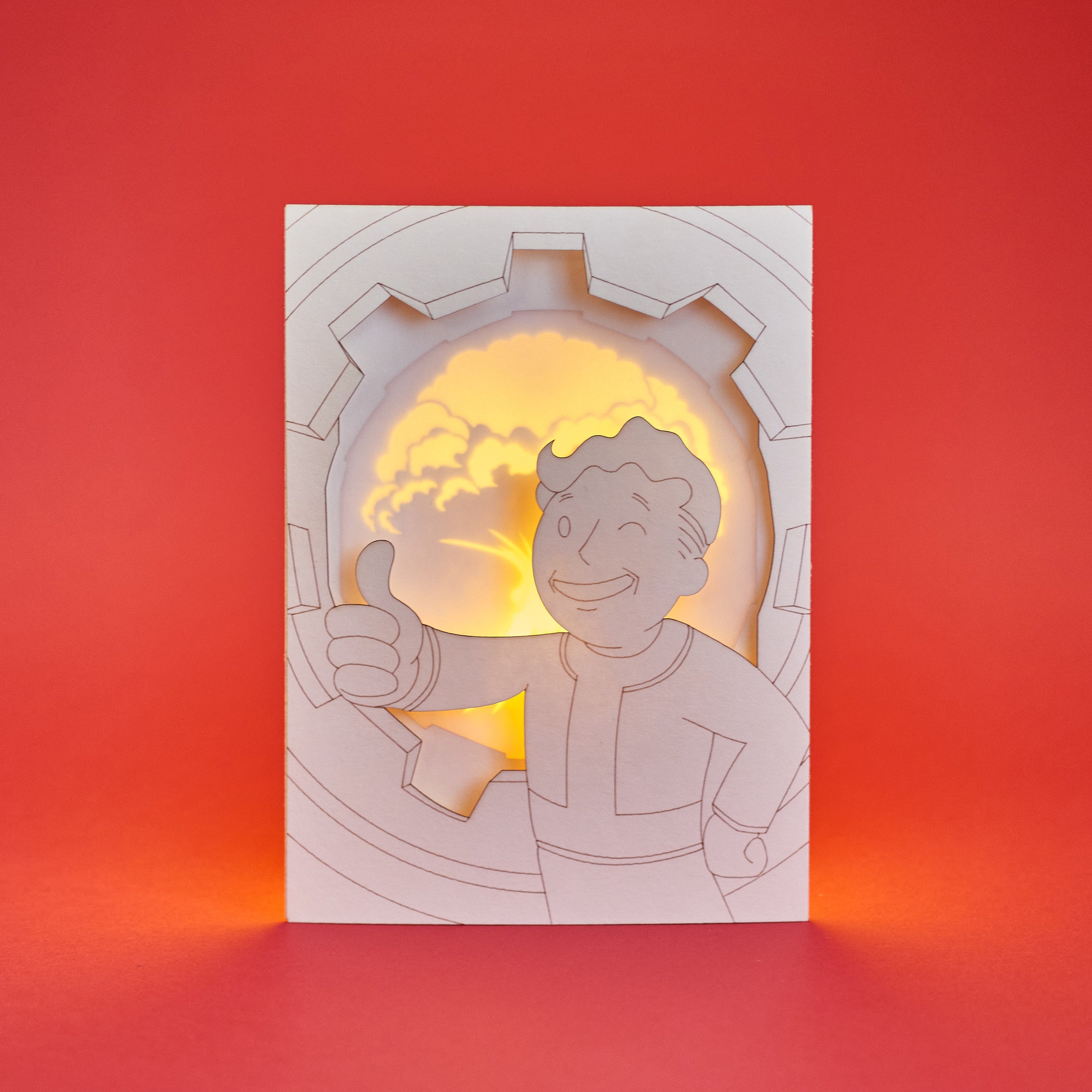 Fallout Vault Boy Card: Thumbs Up and Nuclear Explosion