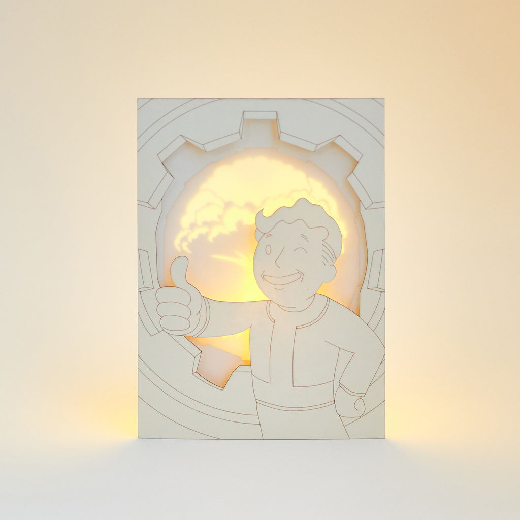 Fallout Vault Boy Card: Thumbs Up and Nuclear Explosion