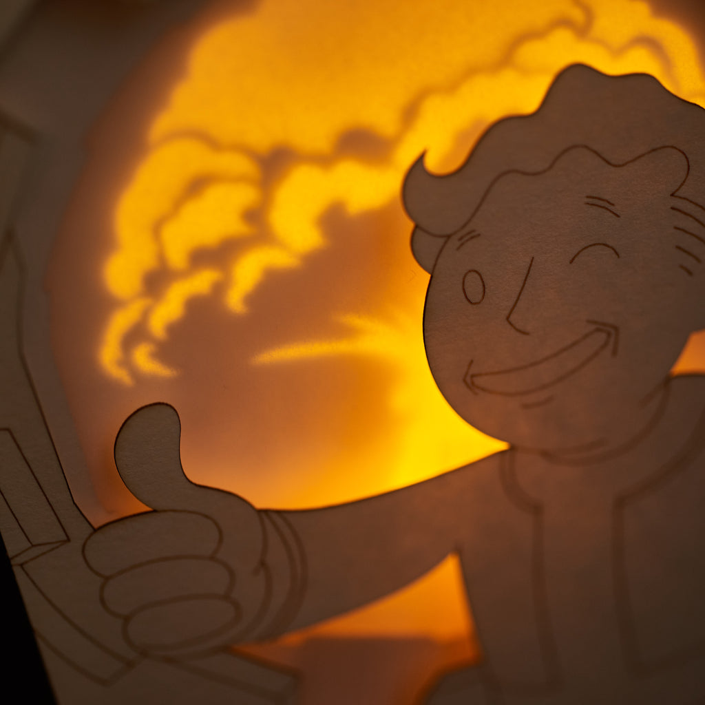 Fallout Vault Boy Card: Thumbs Up and Nuclear Explosion