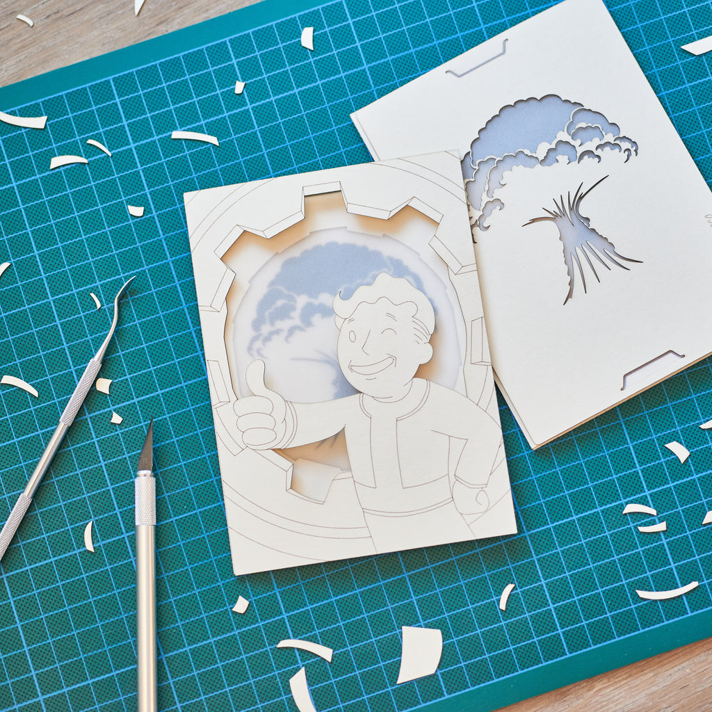 Fallout Vault Boy Card: Thumbs Up and Nuclear Explosion