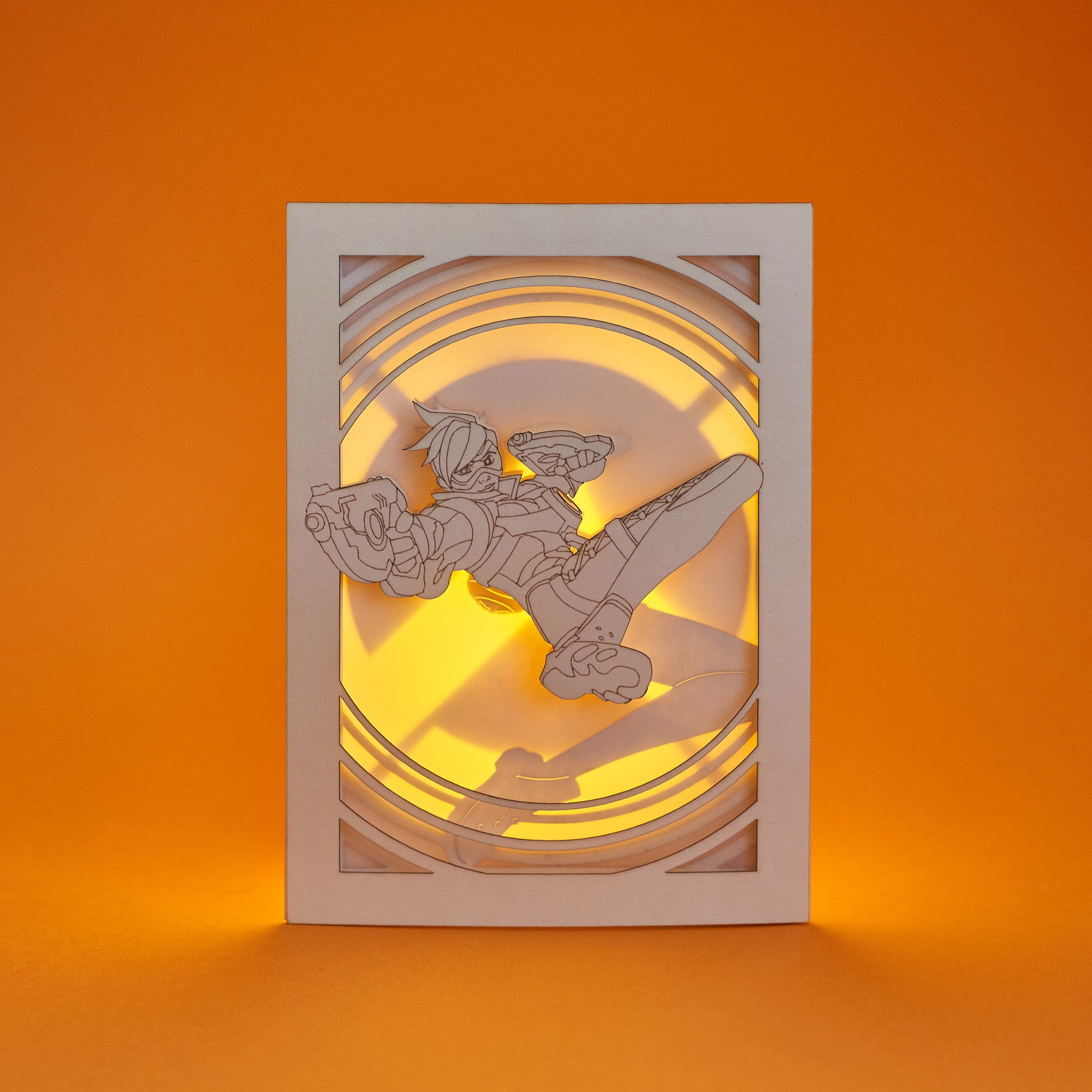 Overwatch Tracer Card: Lena Oxton over Glowing Logo Background