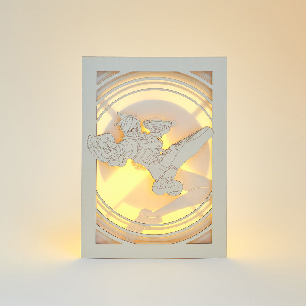 Overwatch Tracer Card: Lena Oxton over Glowing Logo Background