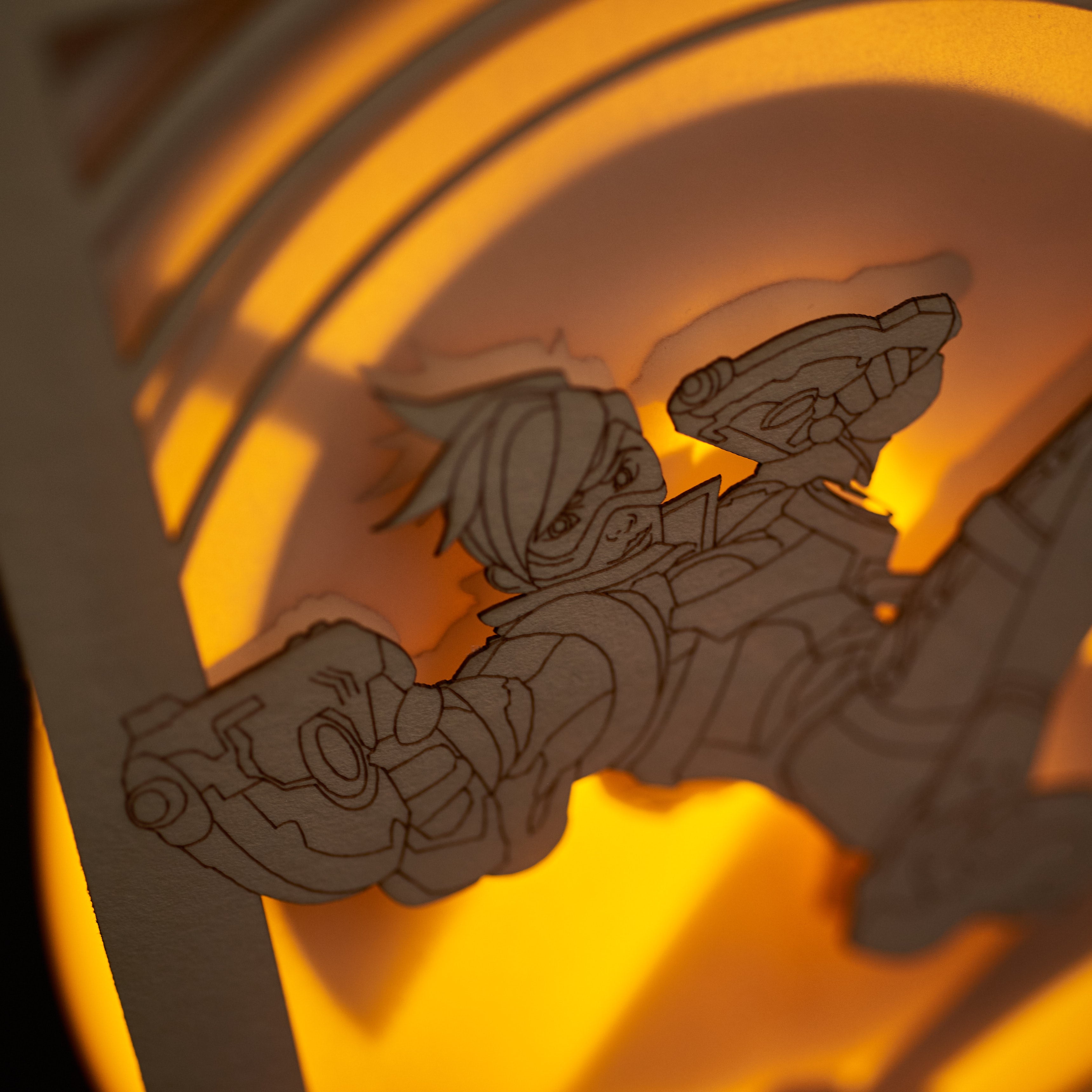 Overwatch Tracer Card: Lena Oxton over Glowing Logo Background