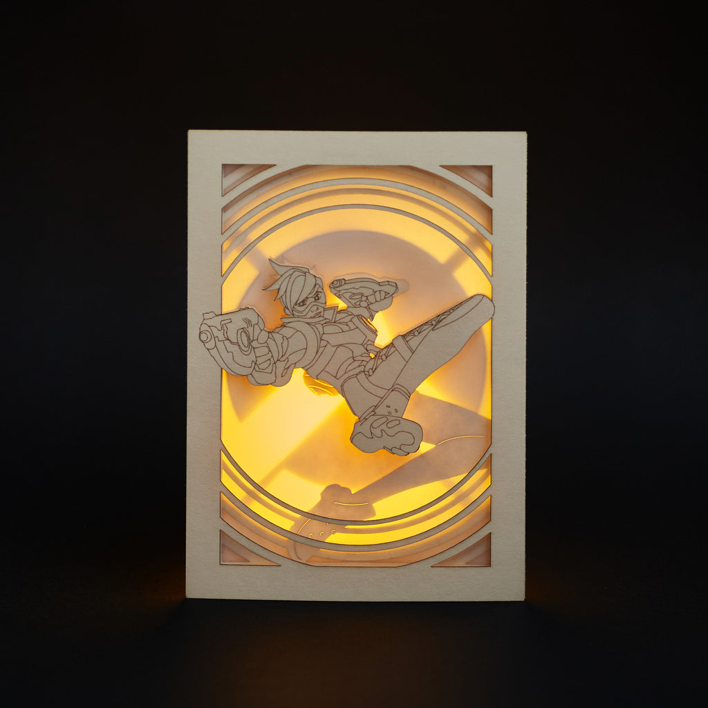 Overwatch Tracer Card: Lena Oxton over Glowing Logo Background