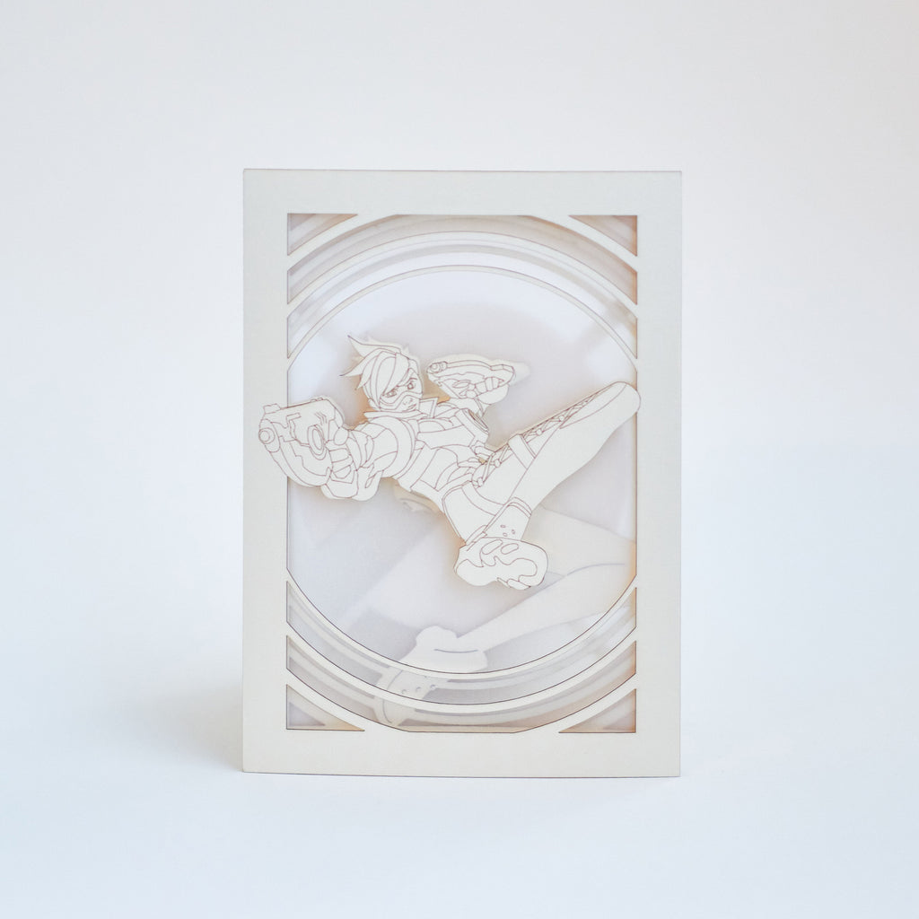 Overwatch Tracer Card: Lena Oxton over Glowing Logo Background