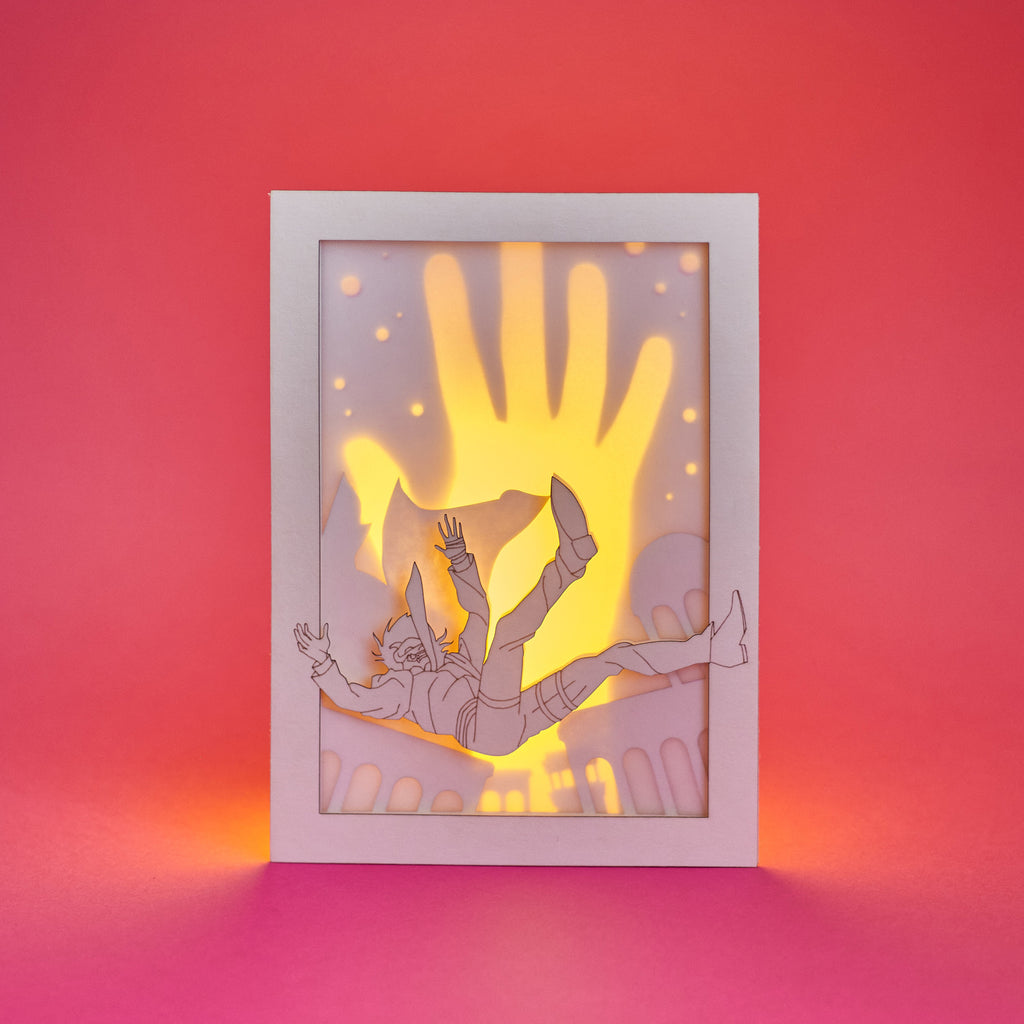 Neon White Card: Mr. White Falling over City Buildings Background