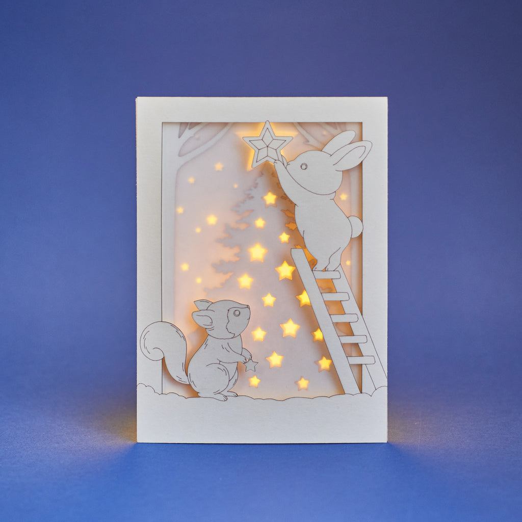 Christmas Forest Animals Card: Bunny and Squirrel Decorating Tree