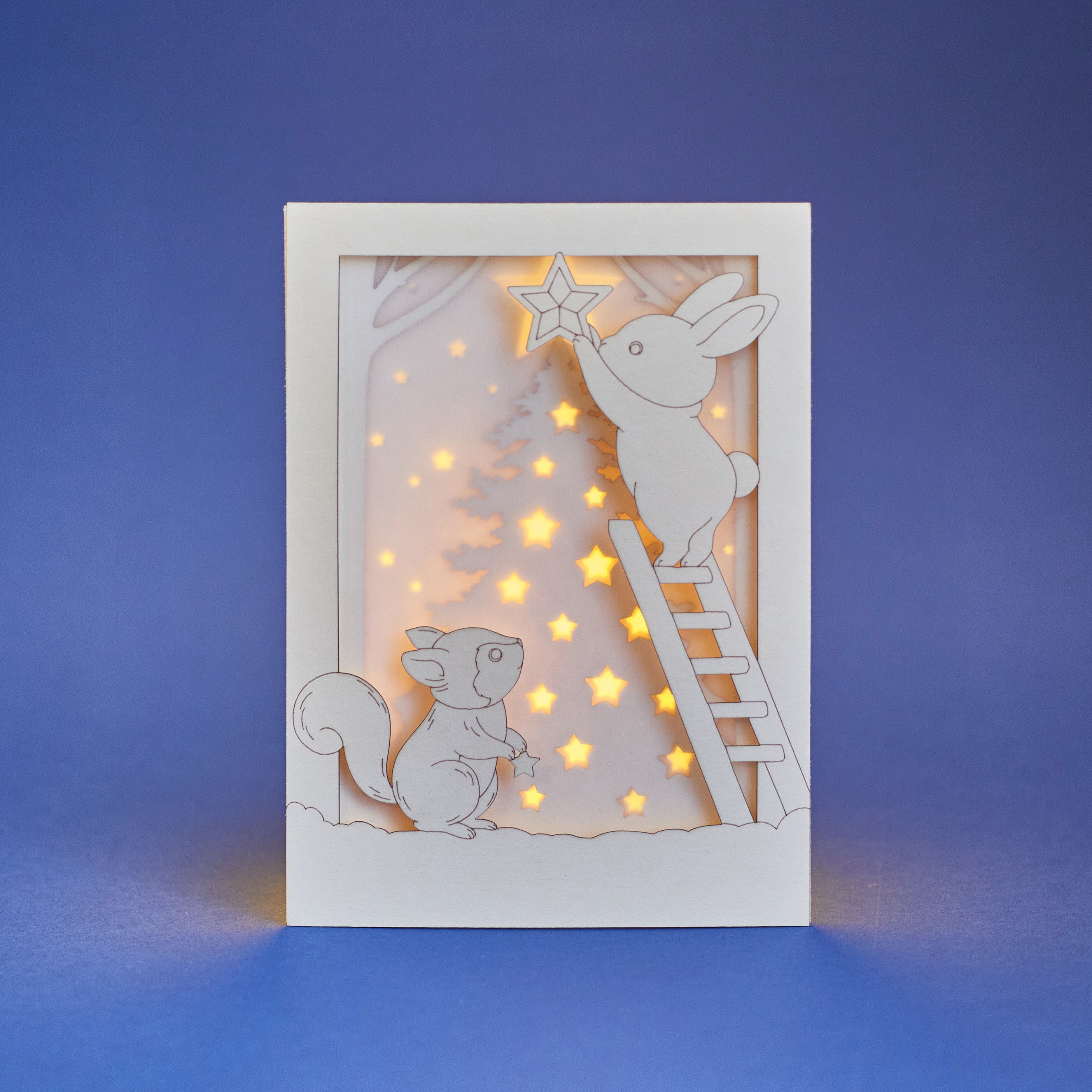 Christmas Forest Animals Card: Bunny and Squirrel Decorating Tree