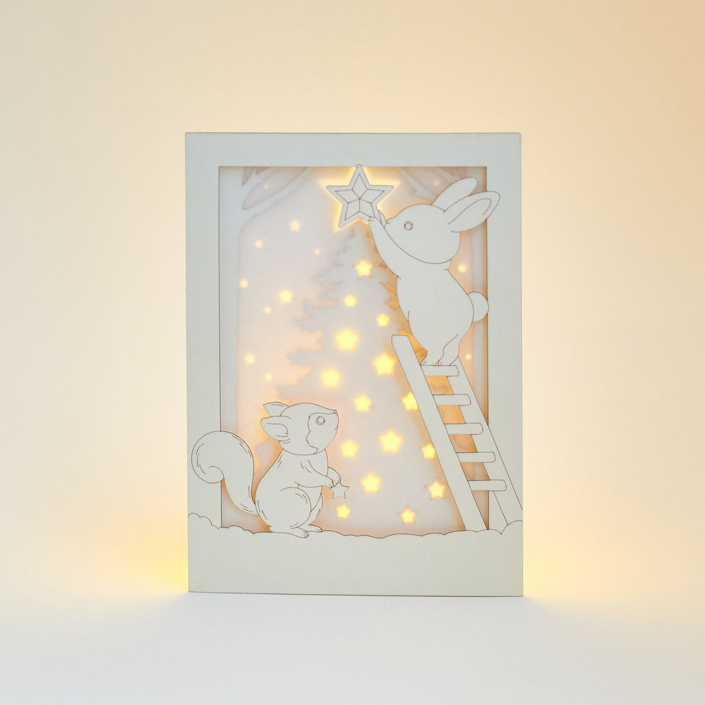 Christmas Forest Animals Card: Bunny and Squirrel Decorating Tree
