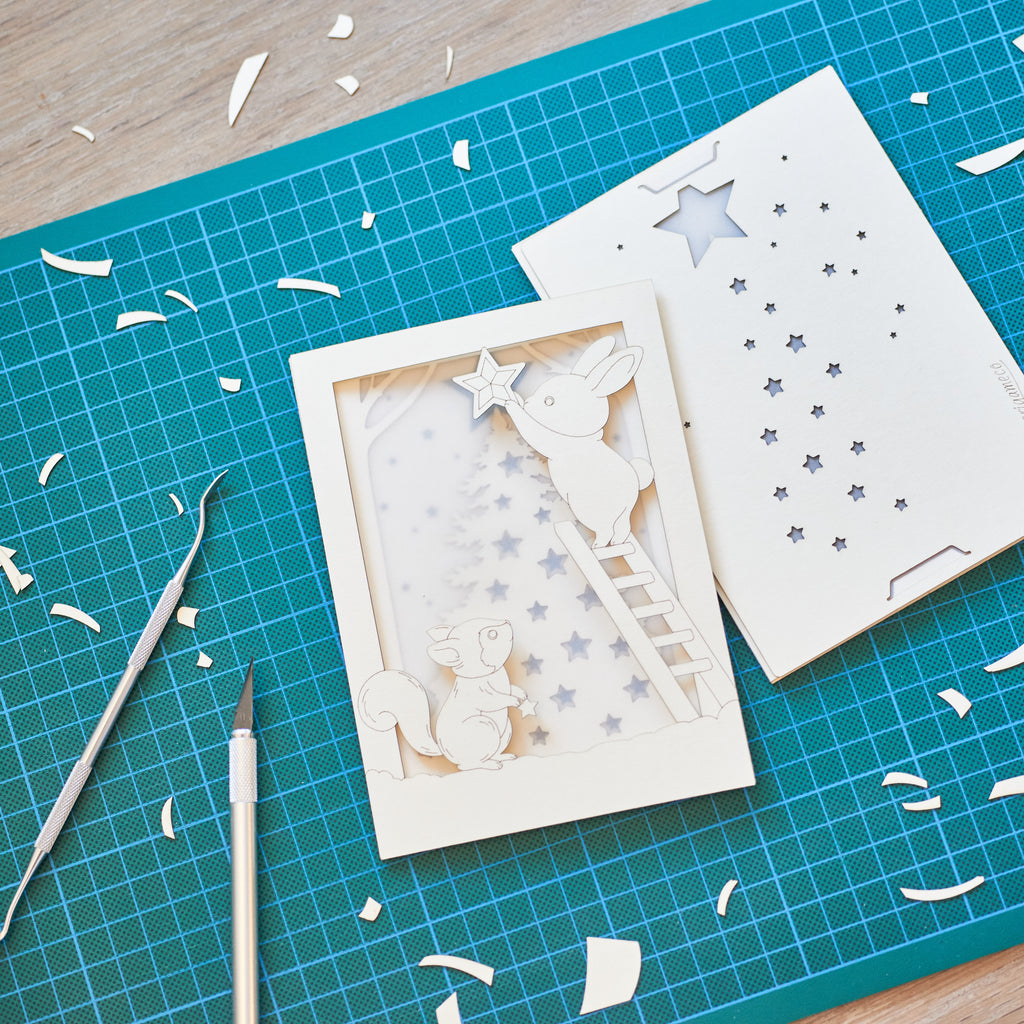 Christmas Forest Animals Card: Bunny and Squirrel Decorating Tree