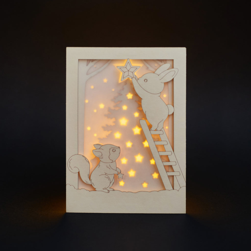 Christmas Forest Animals Card: Bunny and Squirrel Decorating Tree