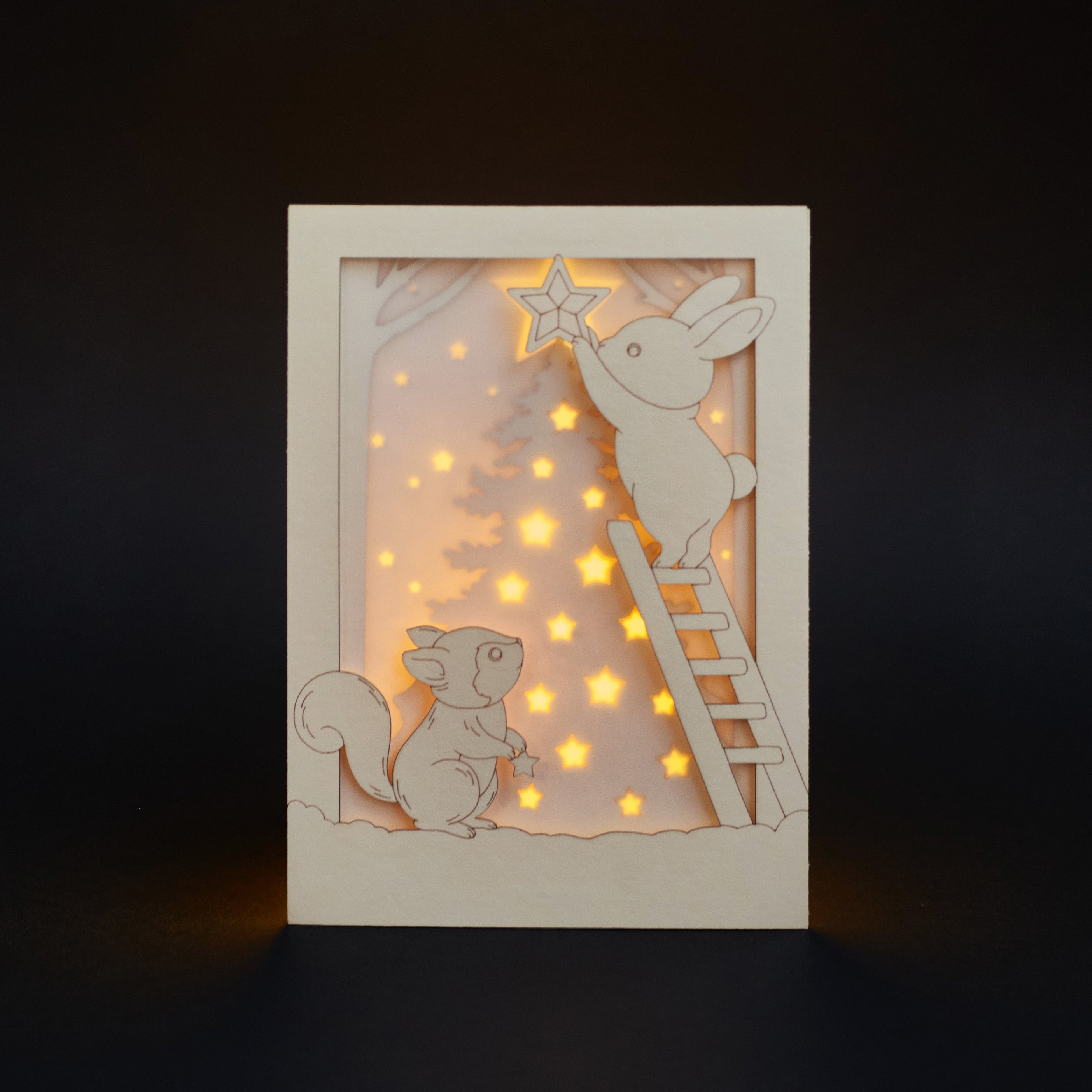 Christmas Forest Animals Card: Bunny and Squirrel Decorating Tree