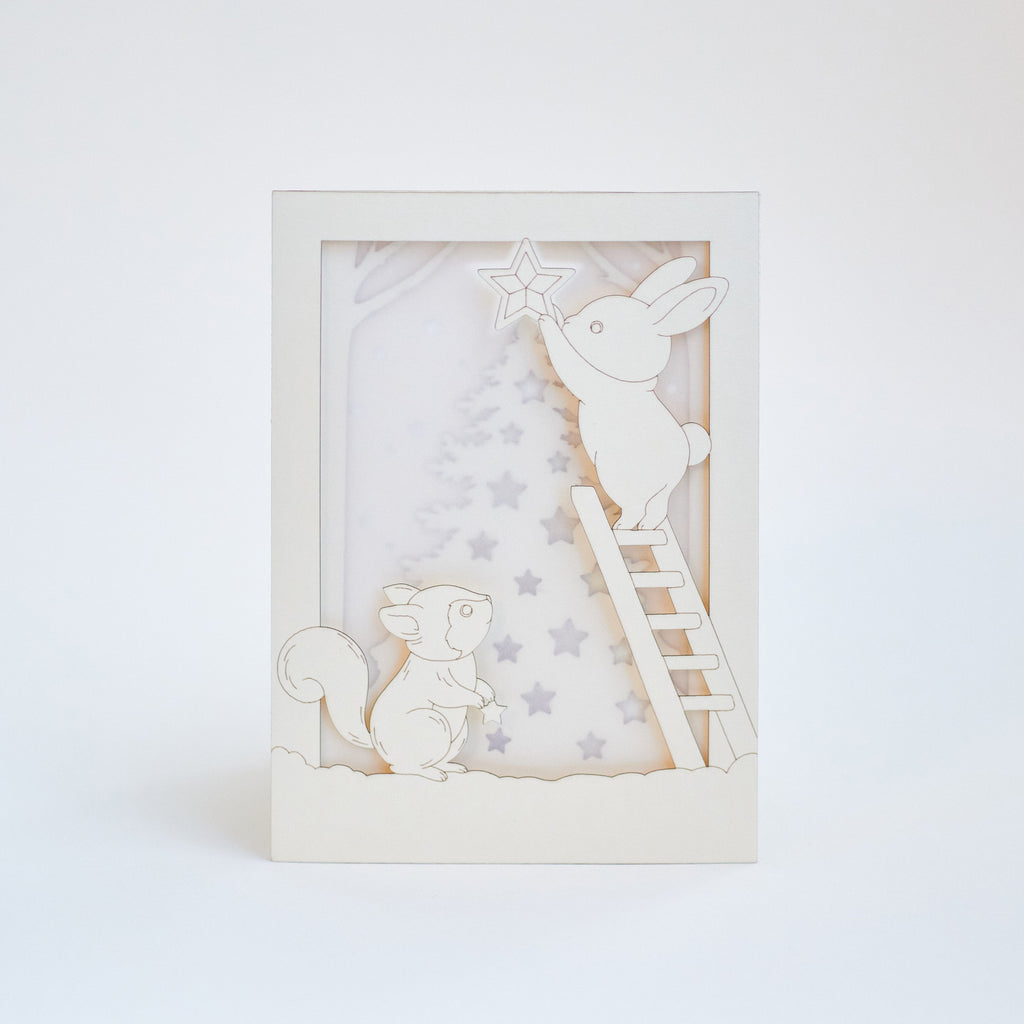 Christmas Forest Animals Card: Bunny and Squirrel Decorating Tree