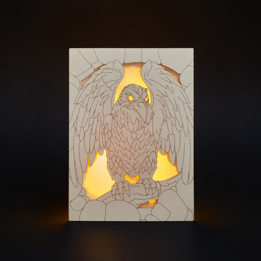 Gothic Raven Card: Dark Bird in Stone Arch with Glowing Eyes