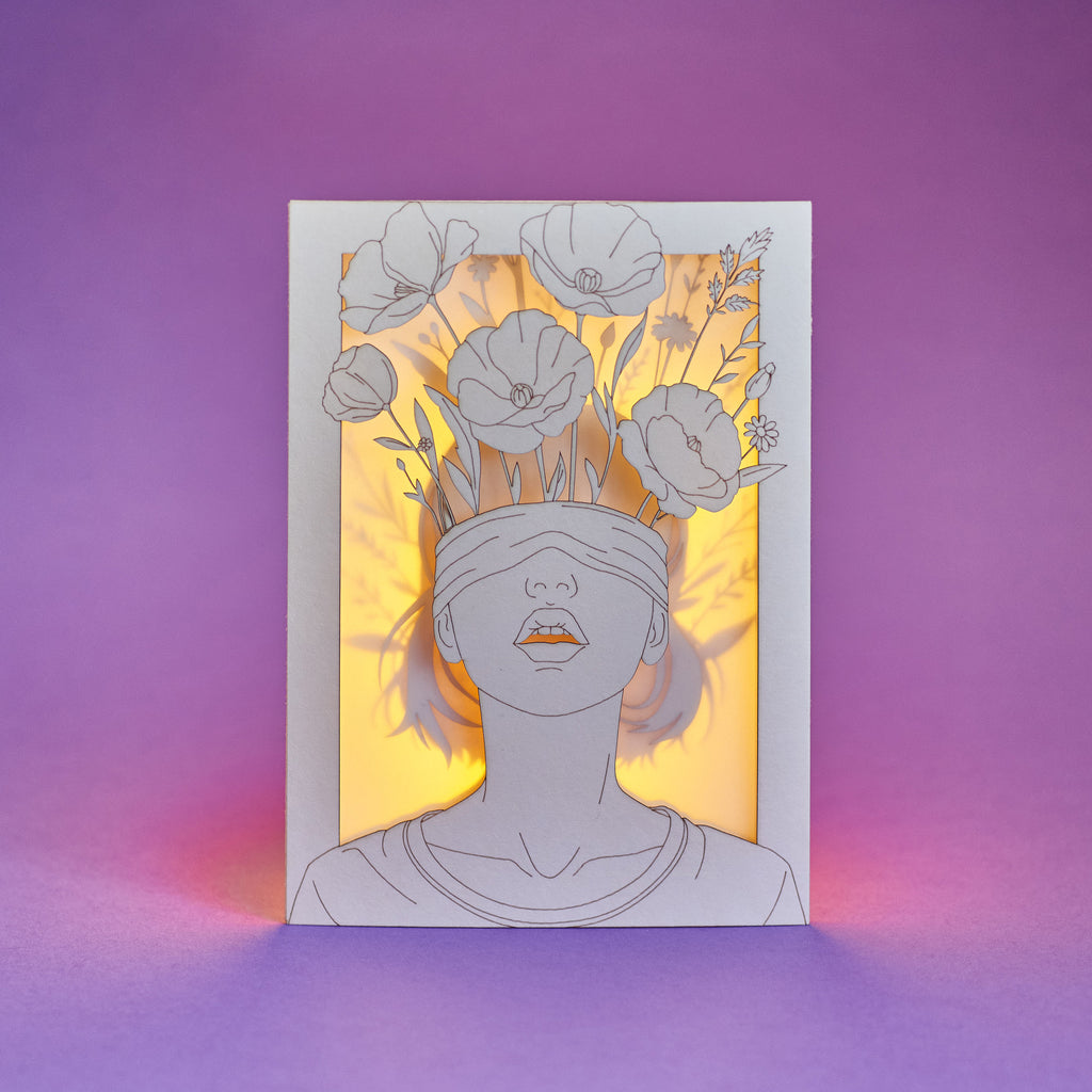 Blindfolded Woman with Flowers: Surreal Floral Art