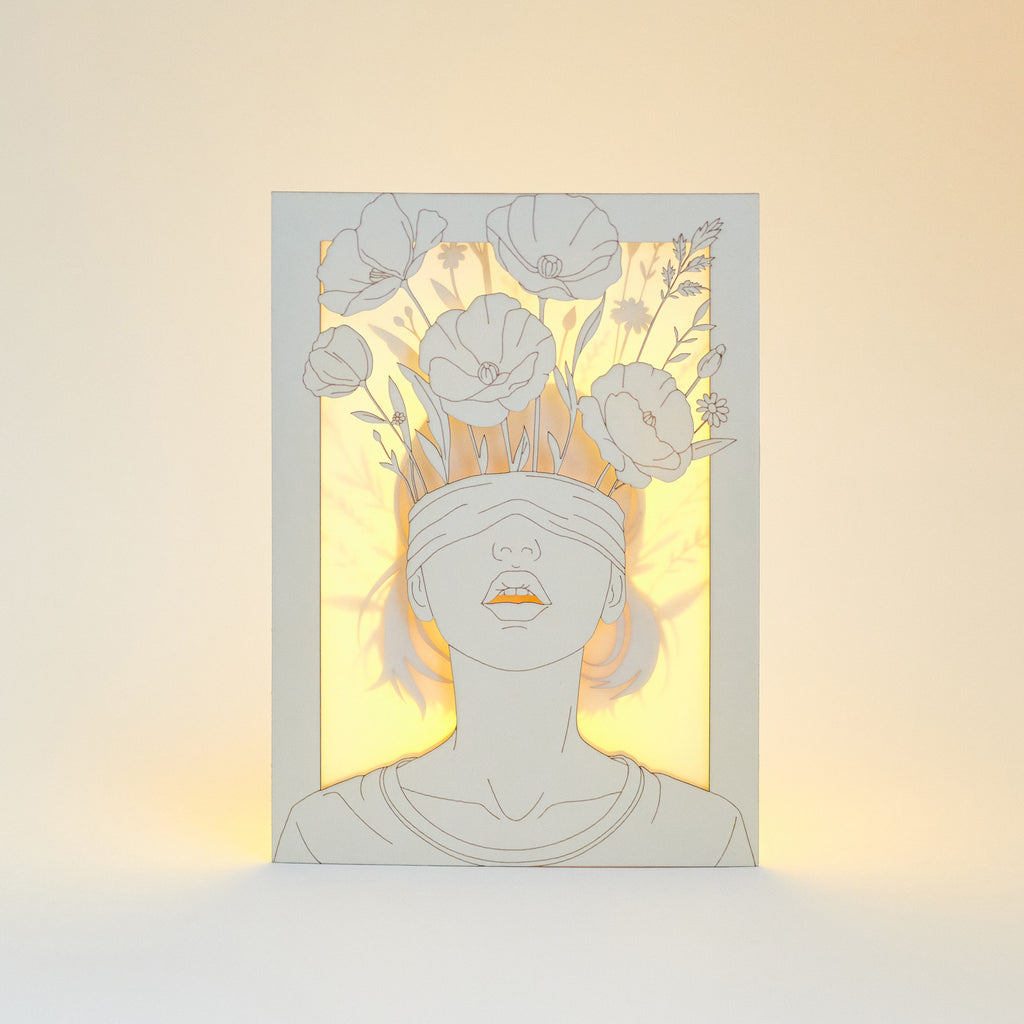 Blindfolded Woman with Flowers: Surreal Floral Art