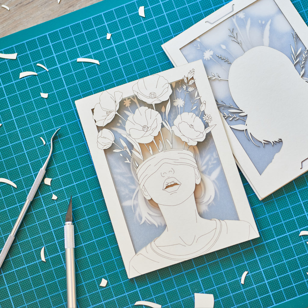 Blindfolded Woman with Flowers: Surreal Floral Art