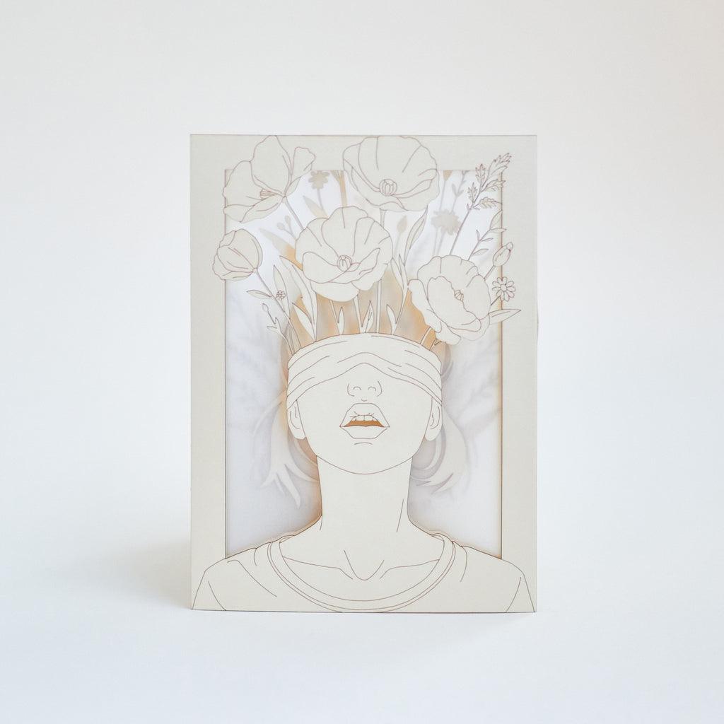Blindfolded Woman with Flowers: Surreal Floral Art