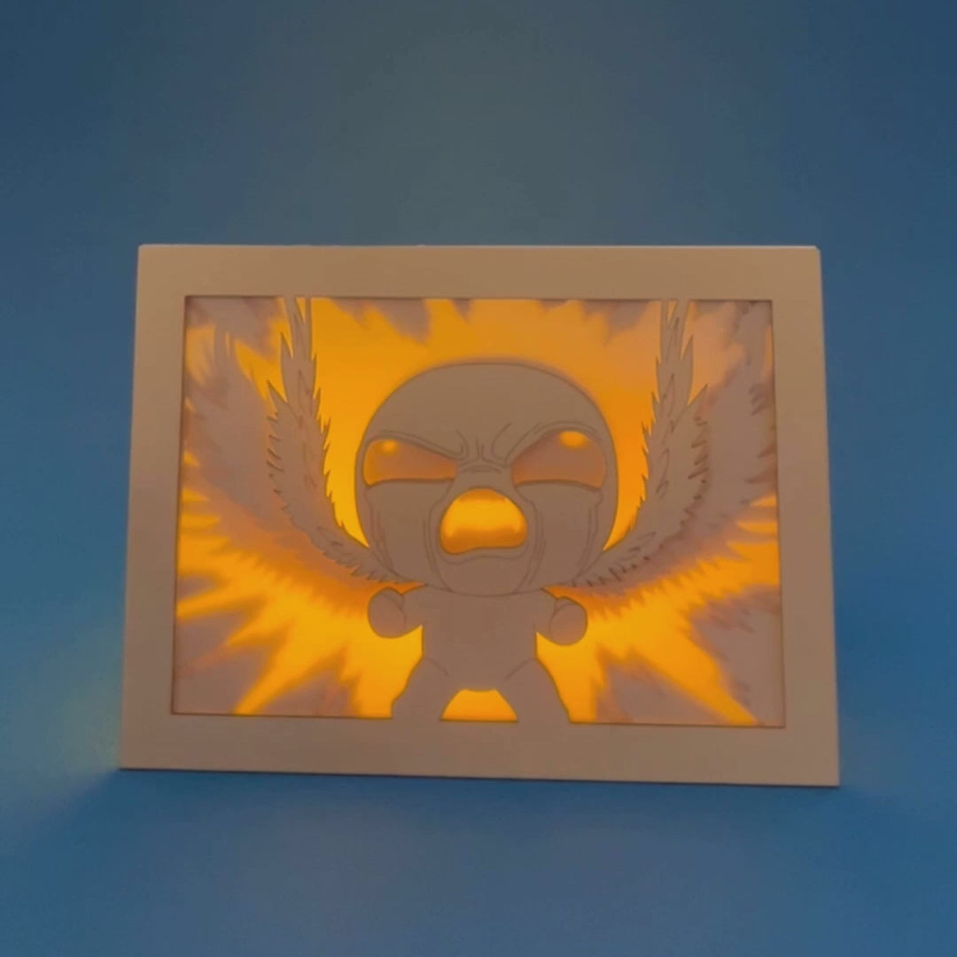 Isaac from Binding of Isaac game with power rays and layered wings