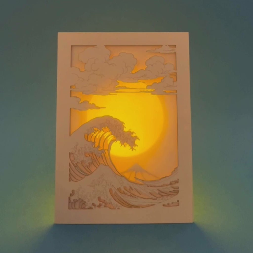 Hokusai Mount Fuji with ocean waves and bright sun