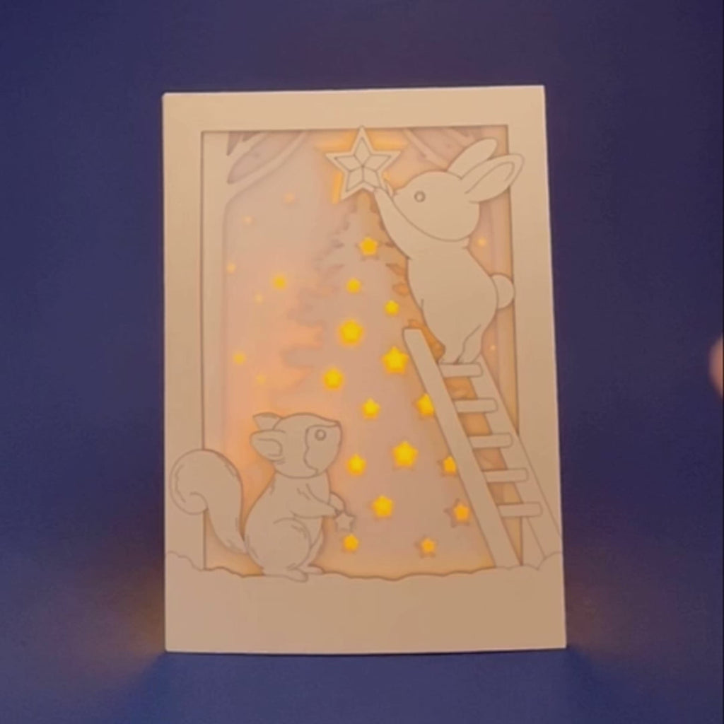 Christmas Forest Animals Card: Bunny and Squirrel Decorating Tree