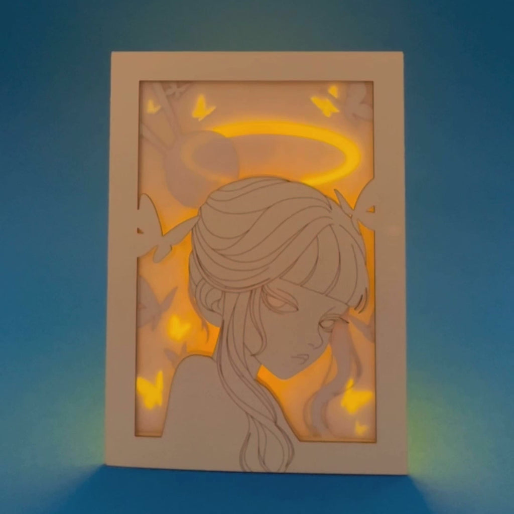 Minimalist anime girl with bun hairstyle halo and butterflies