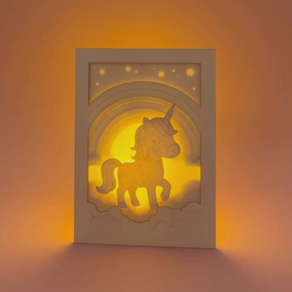 Chubby unicorn dancing under rainbow in clouds with stars