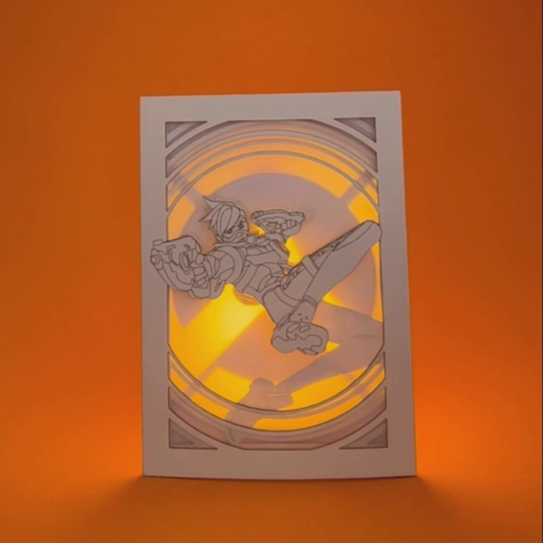 Overwatch Tracer Card: Lena Oxton over Glowing Logo Background