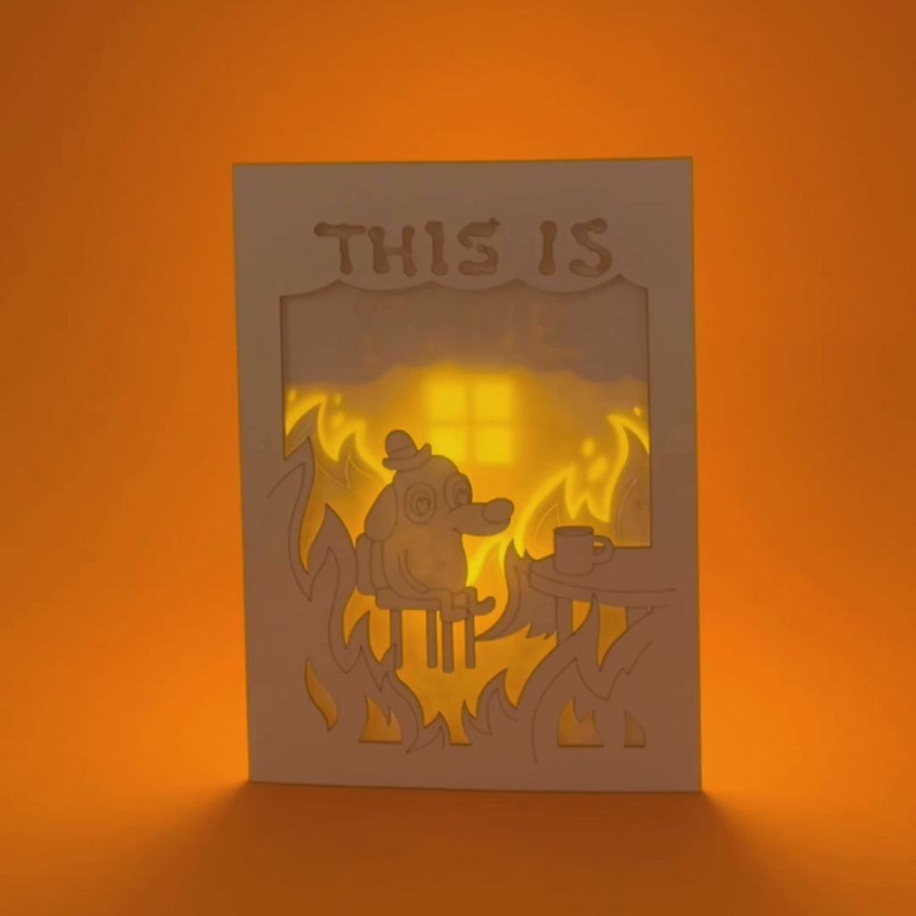 This is fine meme dog with coffee in burning office