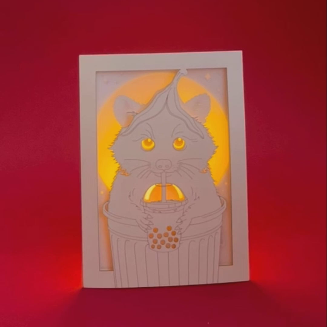 Funny Raccoon Card: Trash Panda with Bubble Tea and Banana Peel