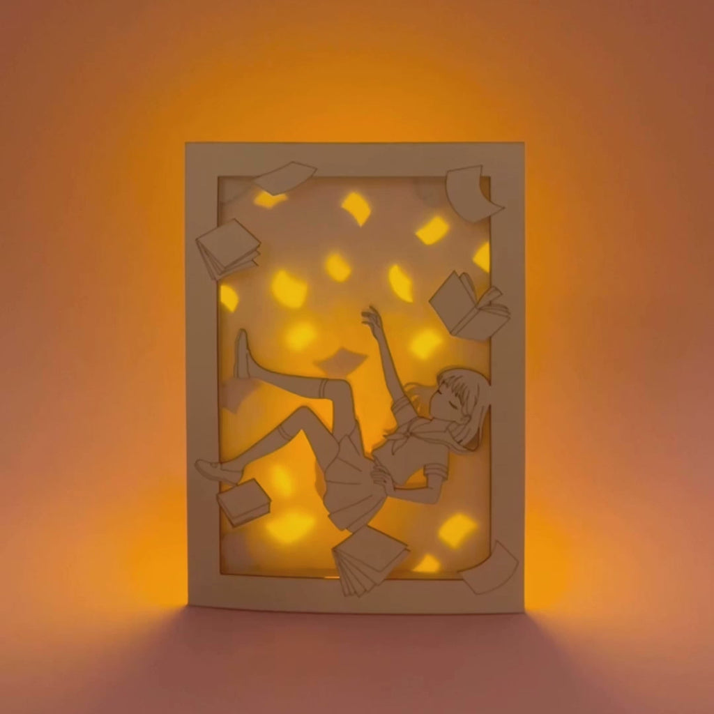 Anime schoolgirl falling amid books and textbooks