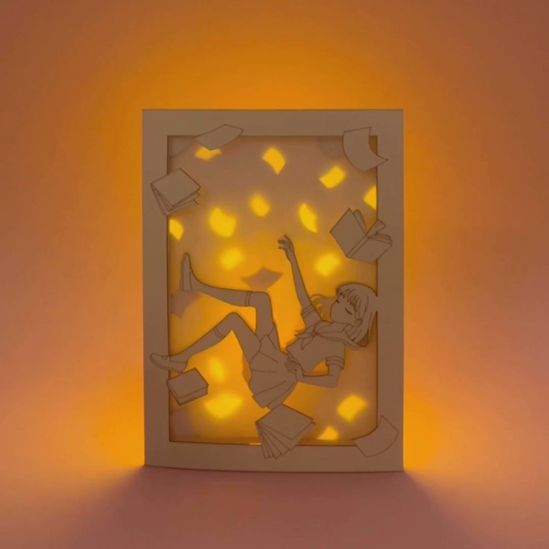 Anime schoolgirl falling amid books and textbooks