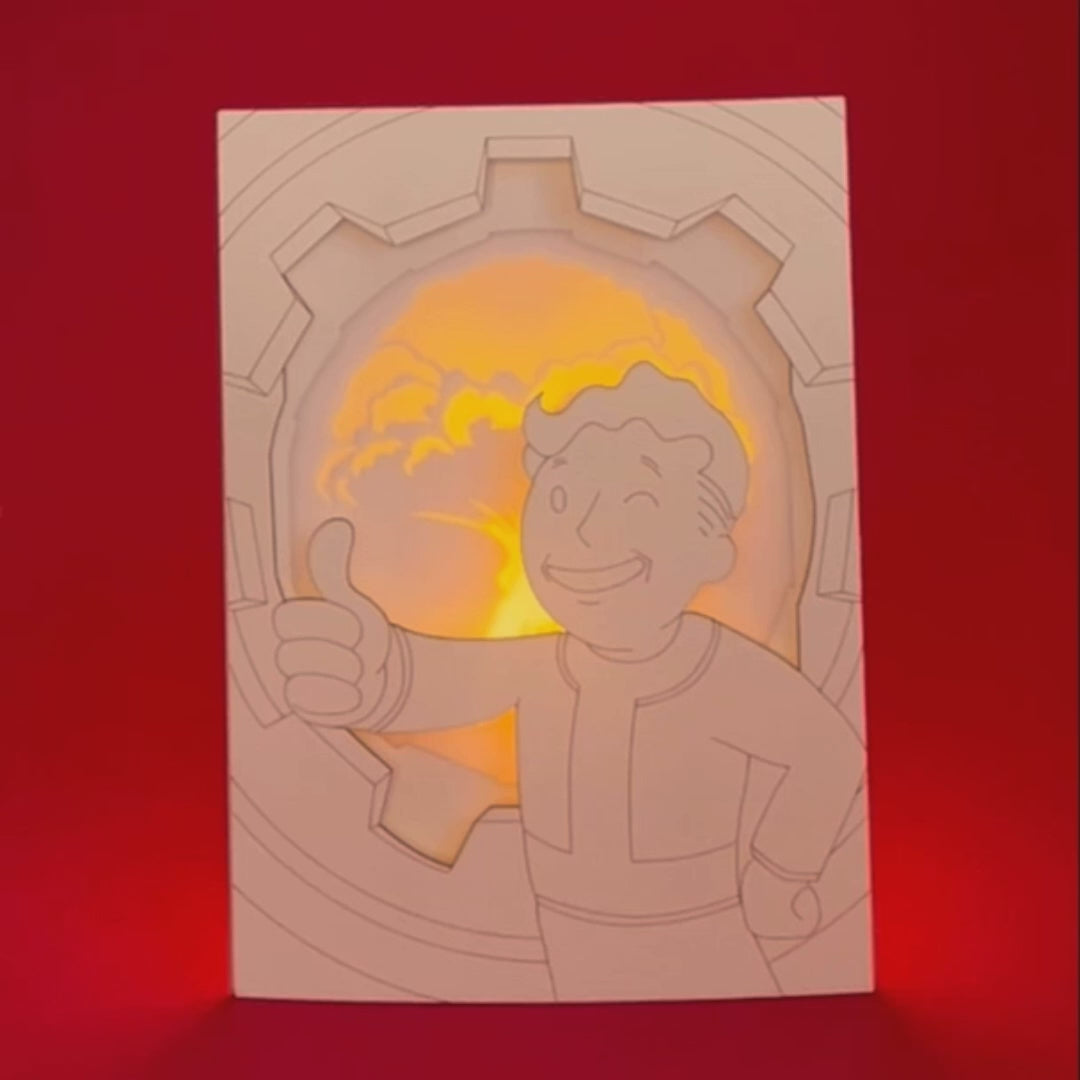 Fallout Vault Boy Card: Thumbs Up and Nuclear Explosion